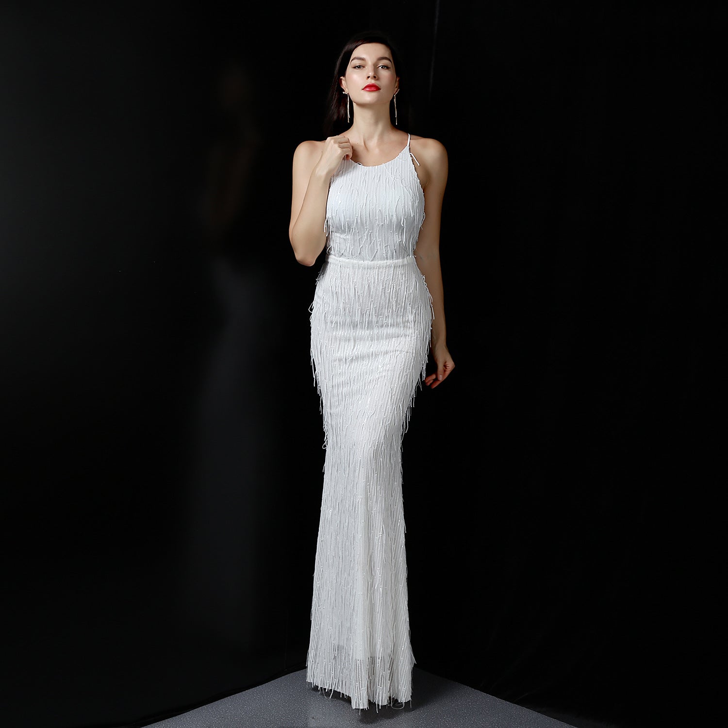 Freyja-18080-Polyester Silk Thread Fringe Beaded Formal Dresses