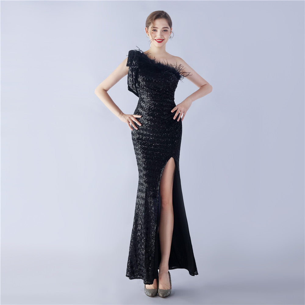 Pele-31329-Ostrich Fur Sequin One Shoulder Formal Dress