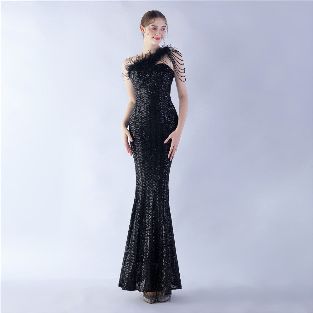 Dione-31361-Ostrich Fur Illusion Beaded Formal Dress