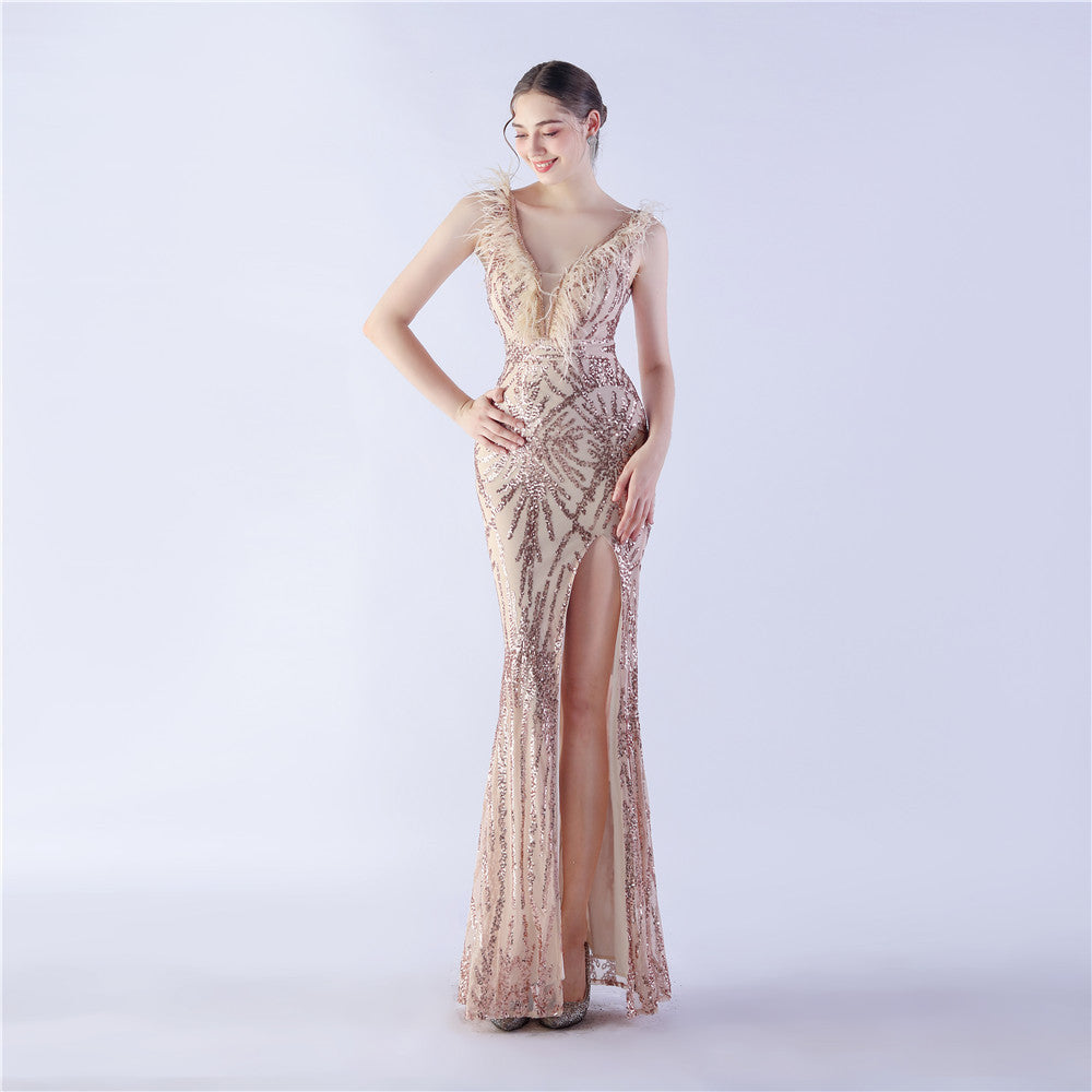 Selene-31257-Camel Hair Side Split Formal Dress