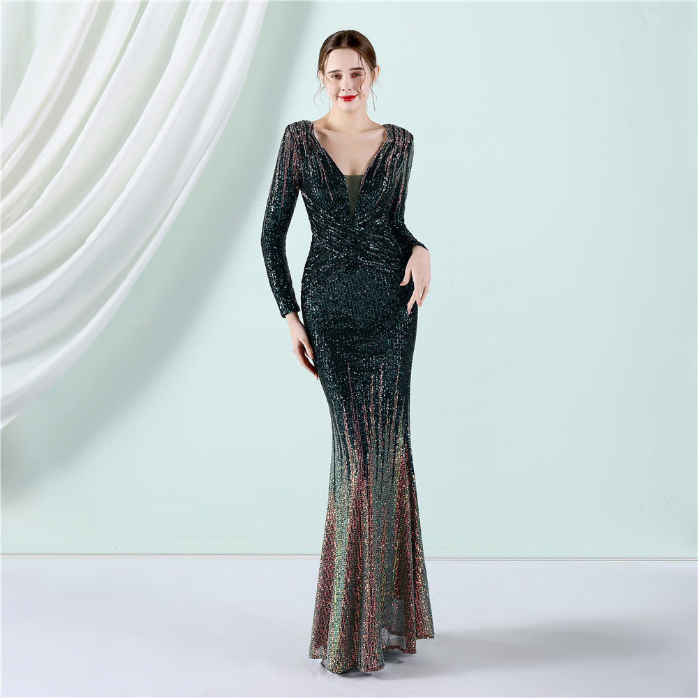 Ereshkigal-19037-Gradient Beaded Long Sleeve Formal Dress