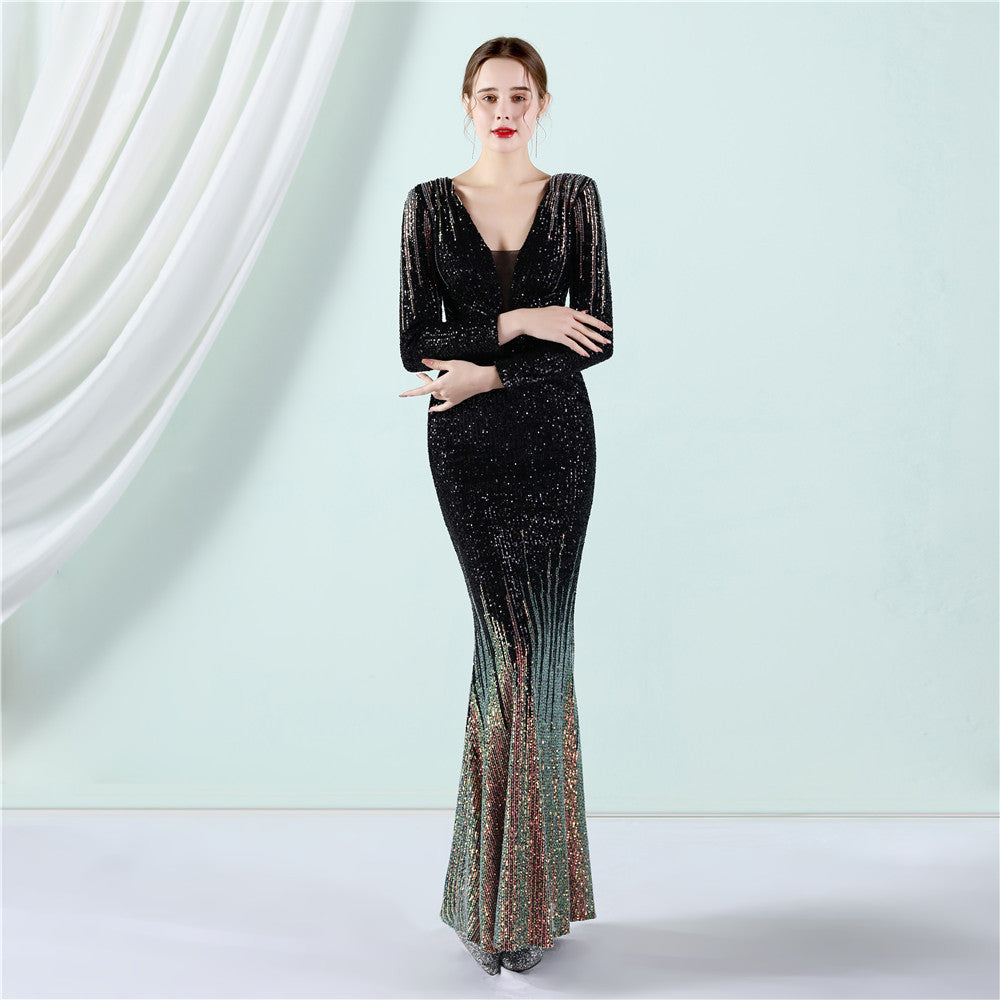 Ereshkigal-19037-Gradient Beaded Long Sleeve Formal Dress