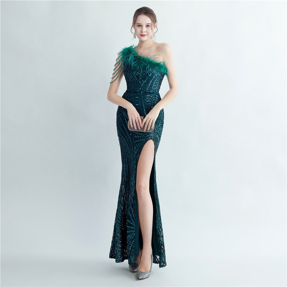 Hera-31220-Ostrich Fur Layered Beaded Formal Dress