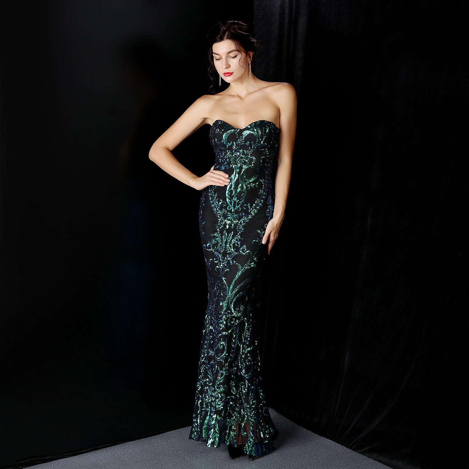 Juno-16398-Sequined Formal Dresses with Short Front and Long Back