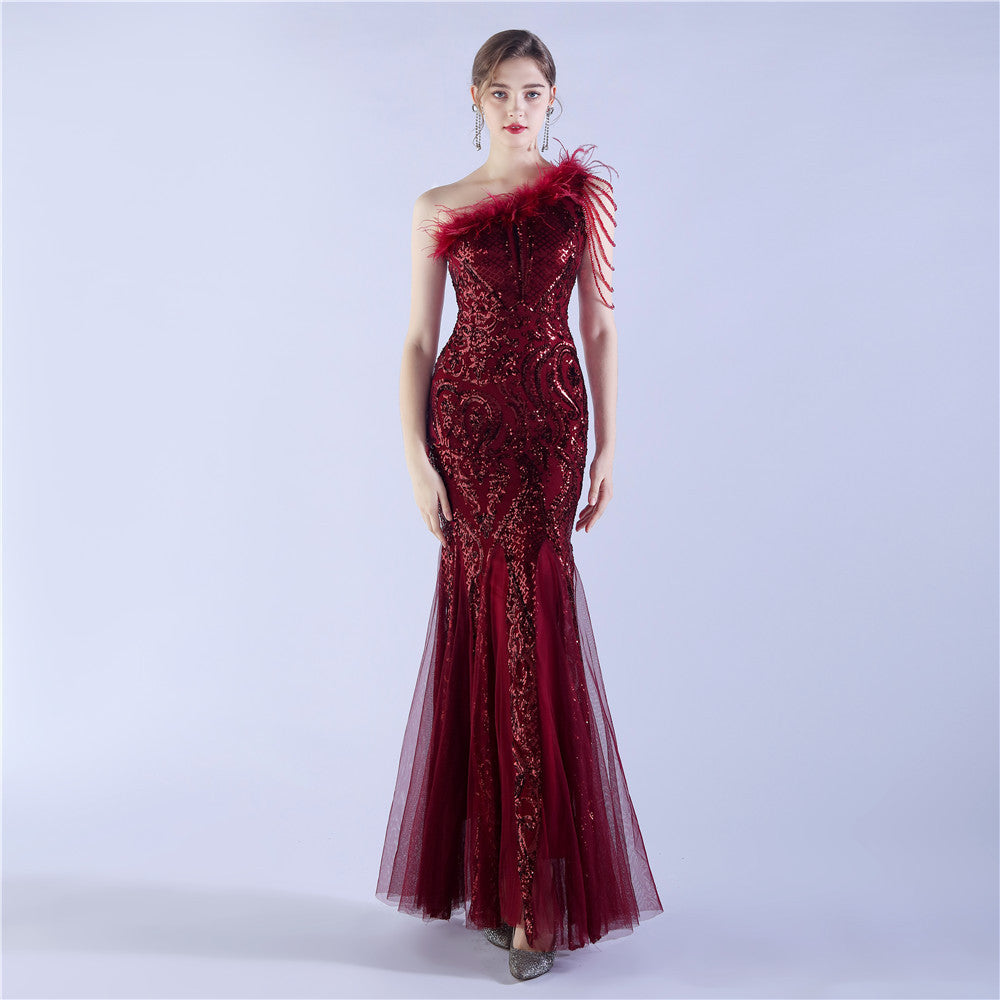 Aine-31323-Crafted Beaded and Ostrich Fur Sequined Formal Dress