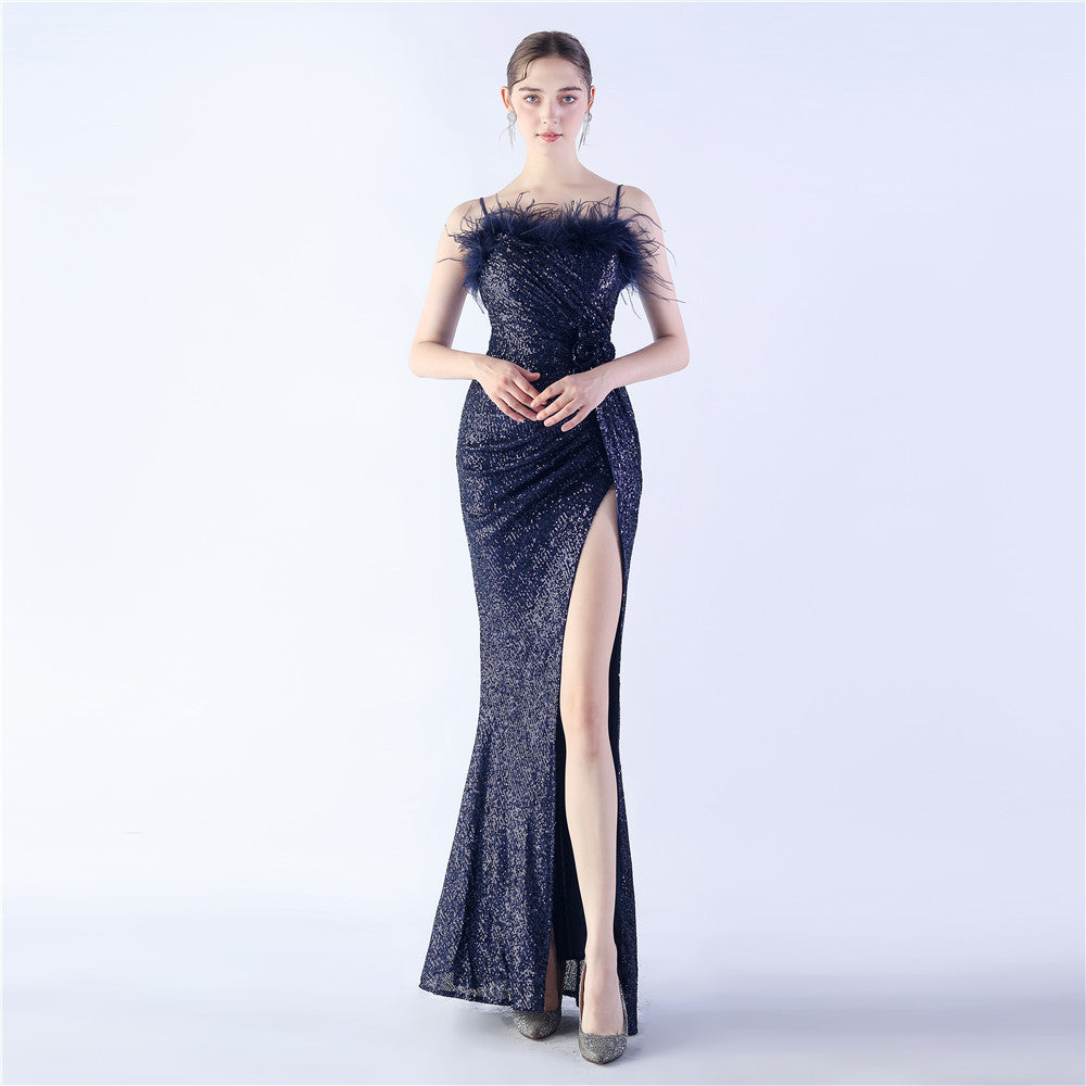 Selene-31365-Ostrich Fur Crafted Flower Formal Dress