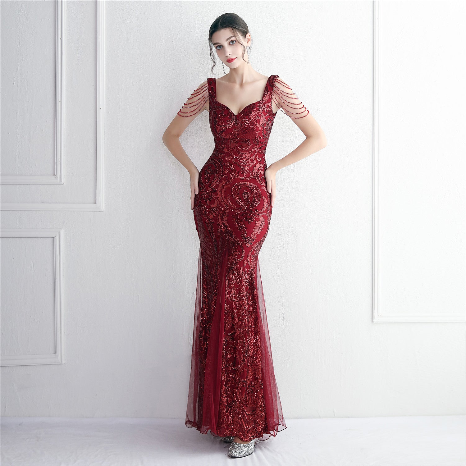 19618 - Ishtar-Beaded Mesh Formal Dress